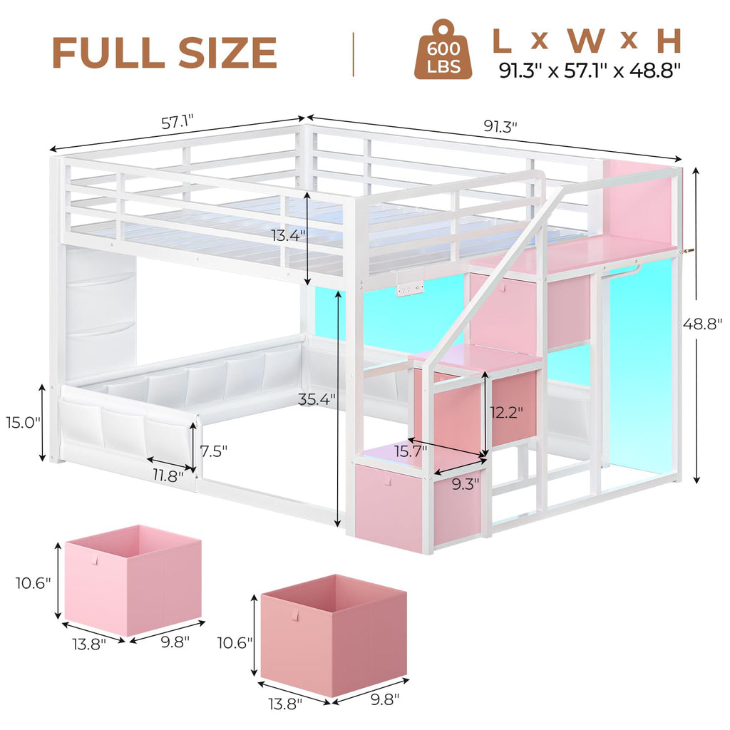 Full Over Full Bunk Bed with Storage Stairs and Drawers, White & Pink Q143464