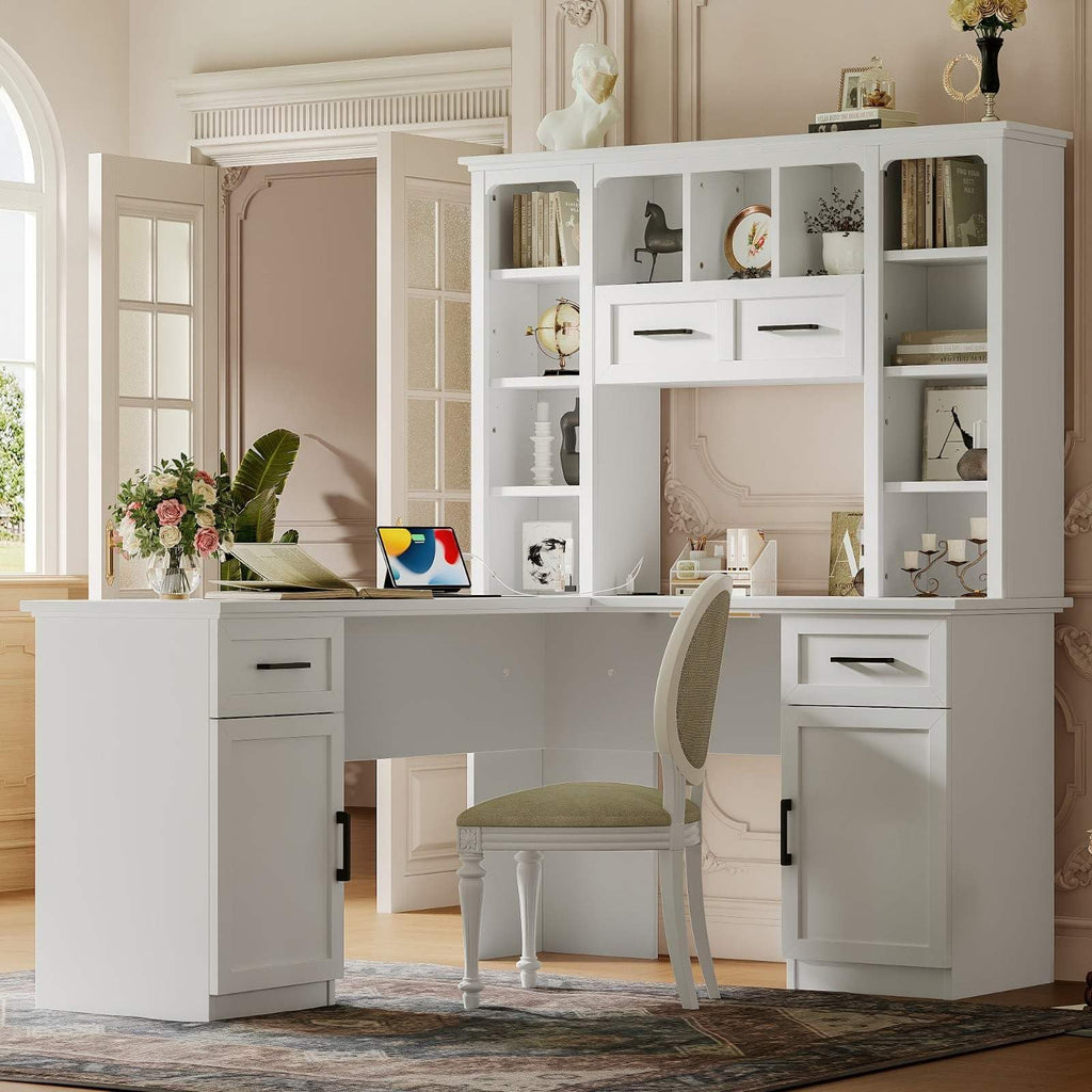 White L-Shaped Computer Desk with Hutch and Storage M37238
