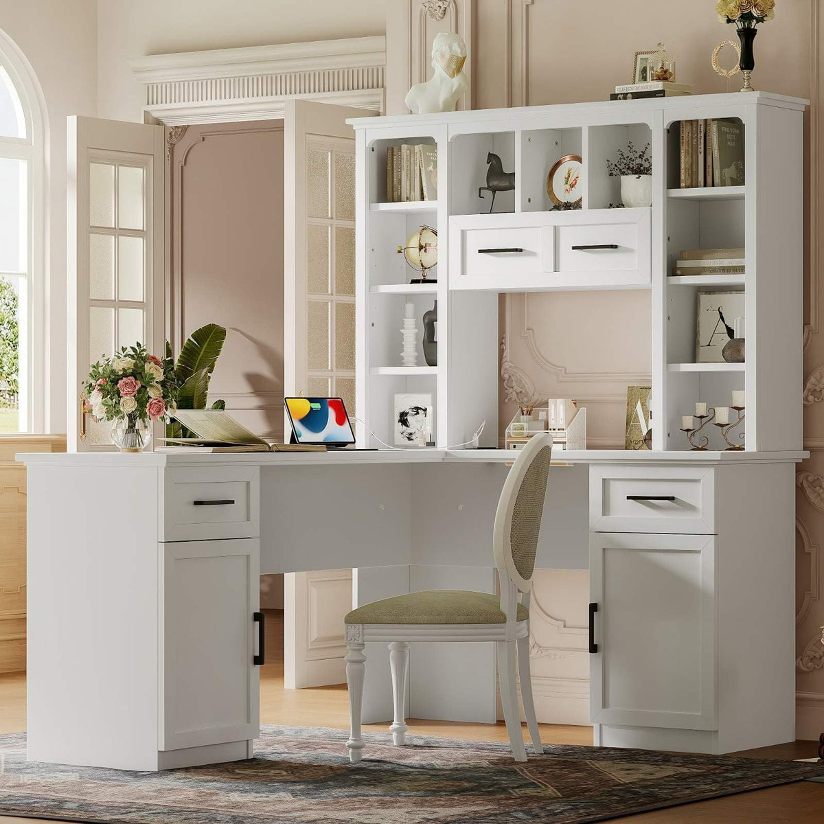 White L-Shaped Computer Desk with Hutch and Storage M37238