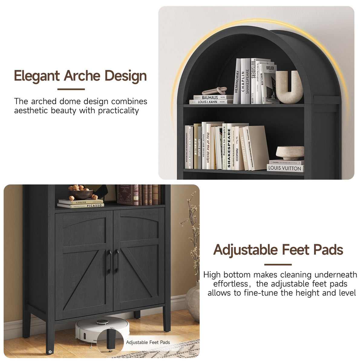Black 5-Tier Arched Bookshelf with Door L10399