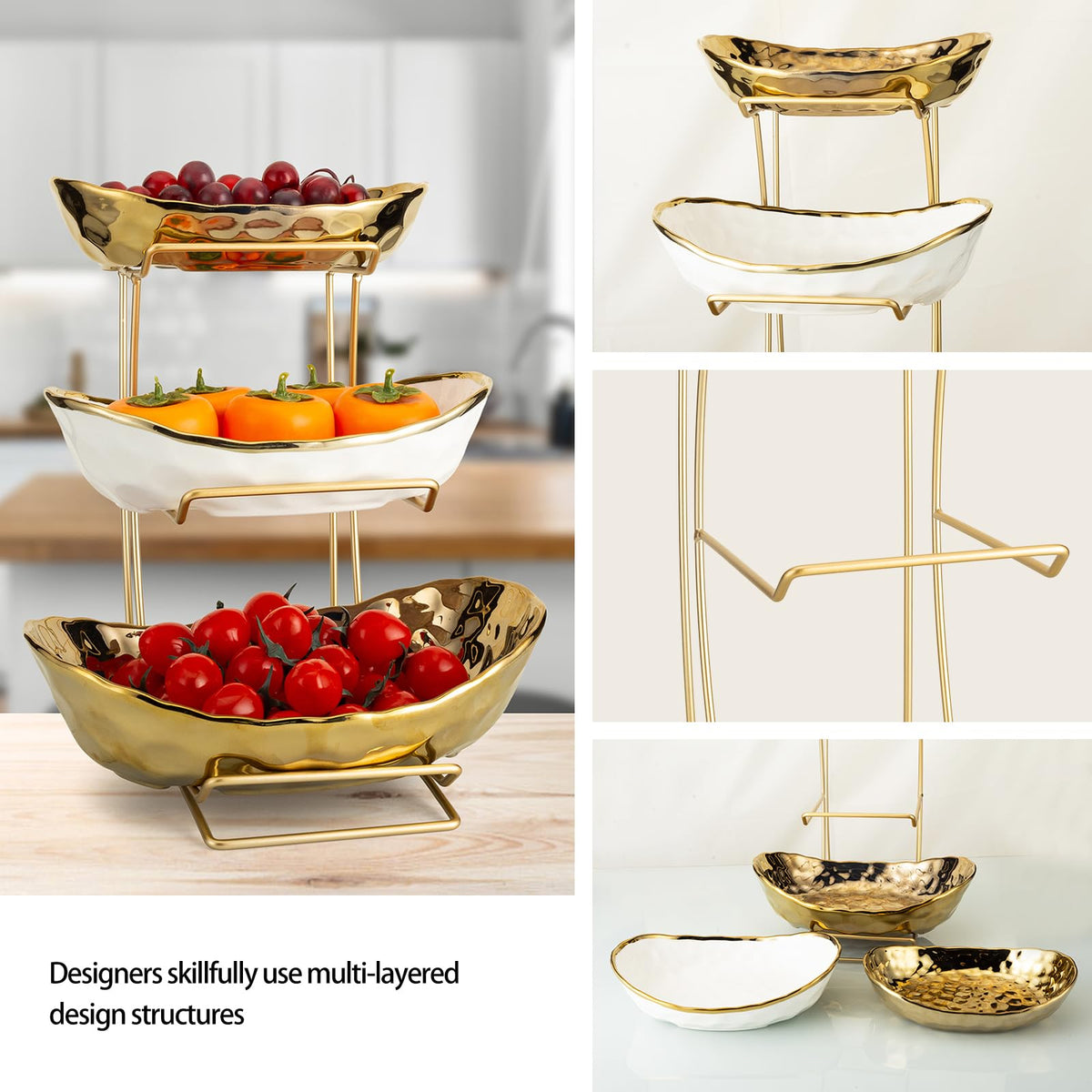 3-Tier Gold Fruit Bowl & Tray with Metal Stand V237