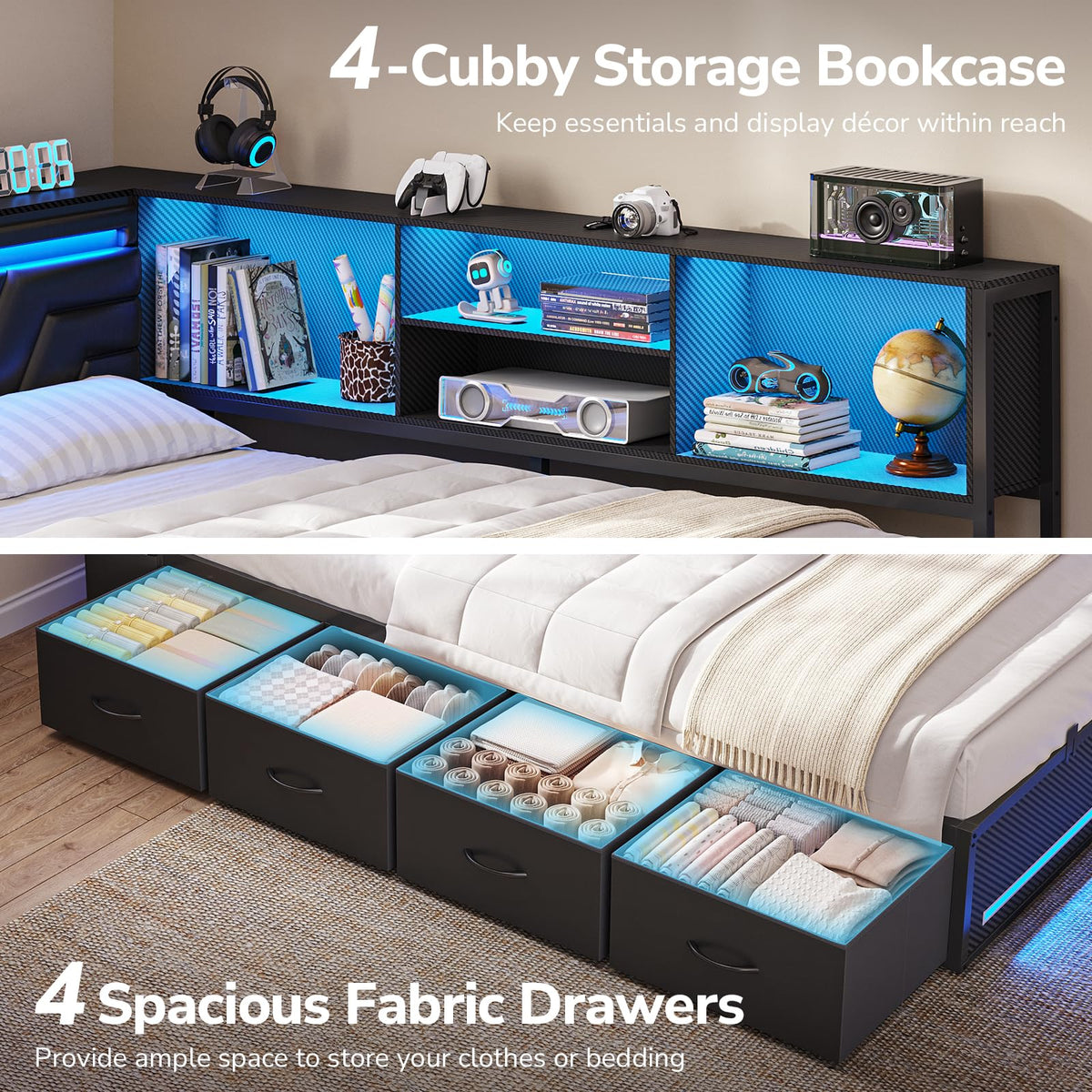 Corner Bed Frame with Storage Bookcase and 4 Drawers I717