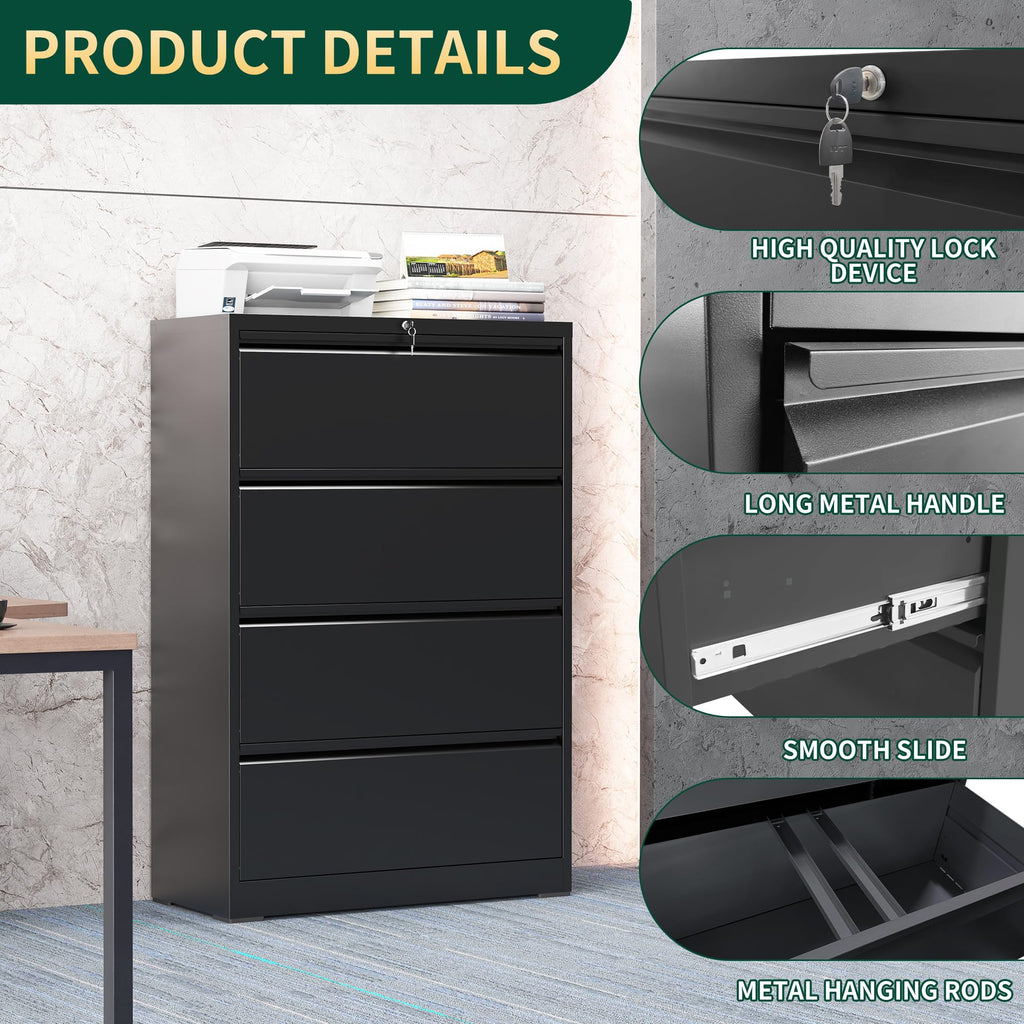 Black 4 Drawer Metal File Cabinet with Lock R52590