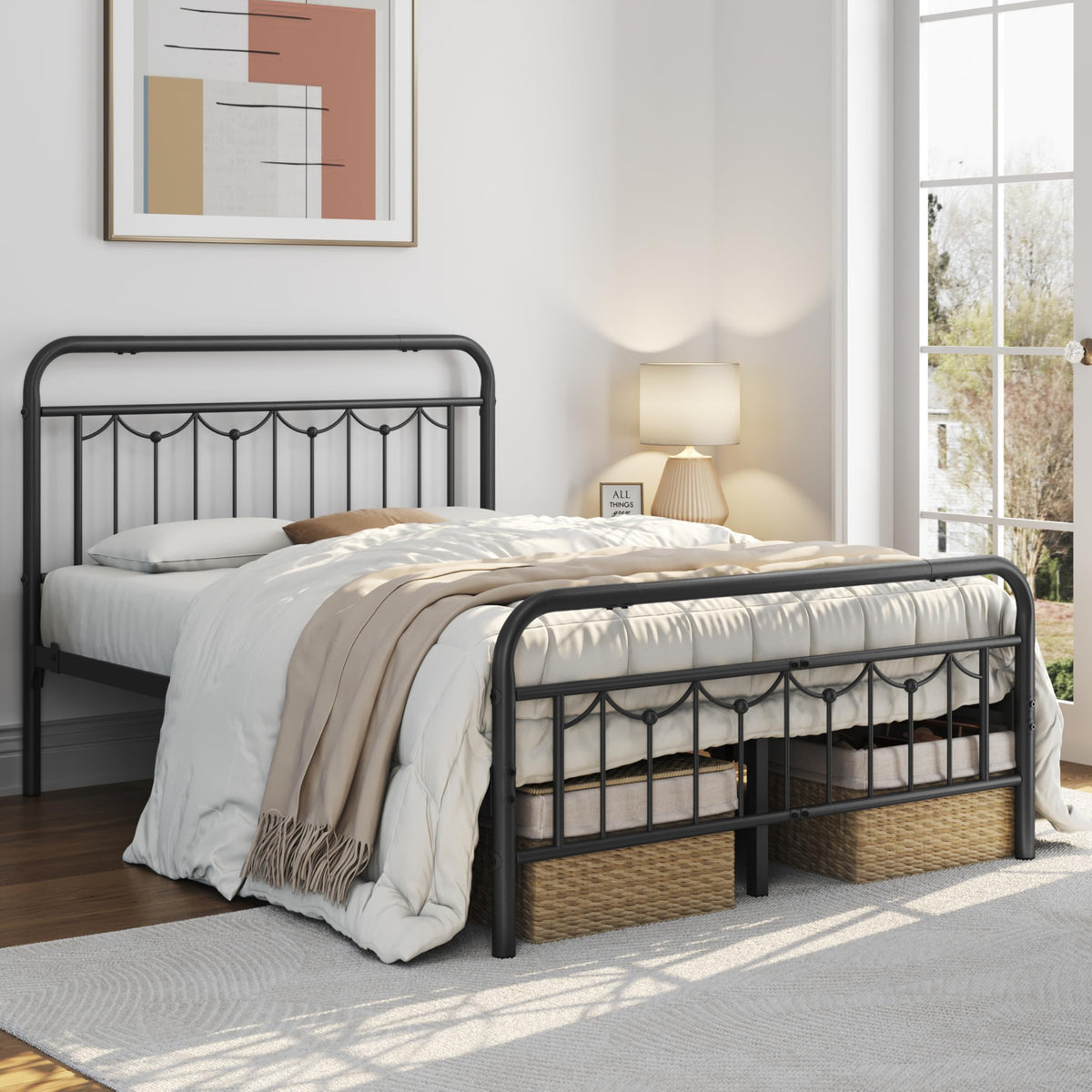 Black Metal Bed Frame with Spindle Headboard D11005