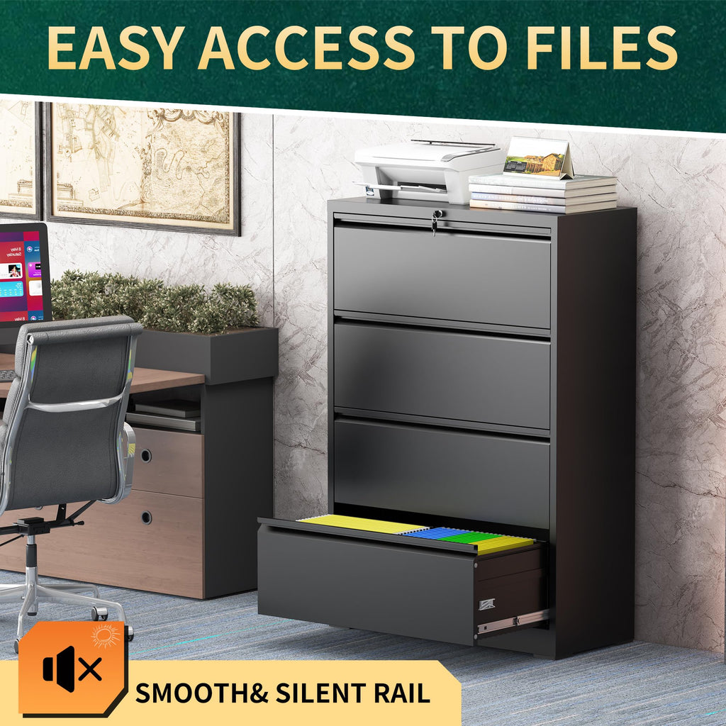 Black 4 Drawer Metal File Cabinet with Lock R52590