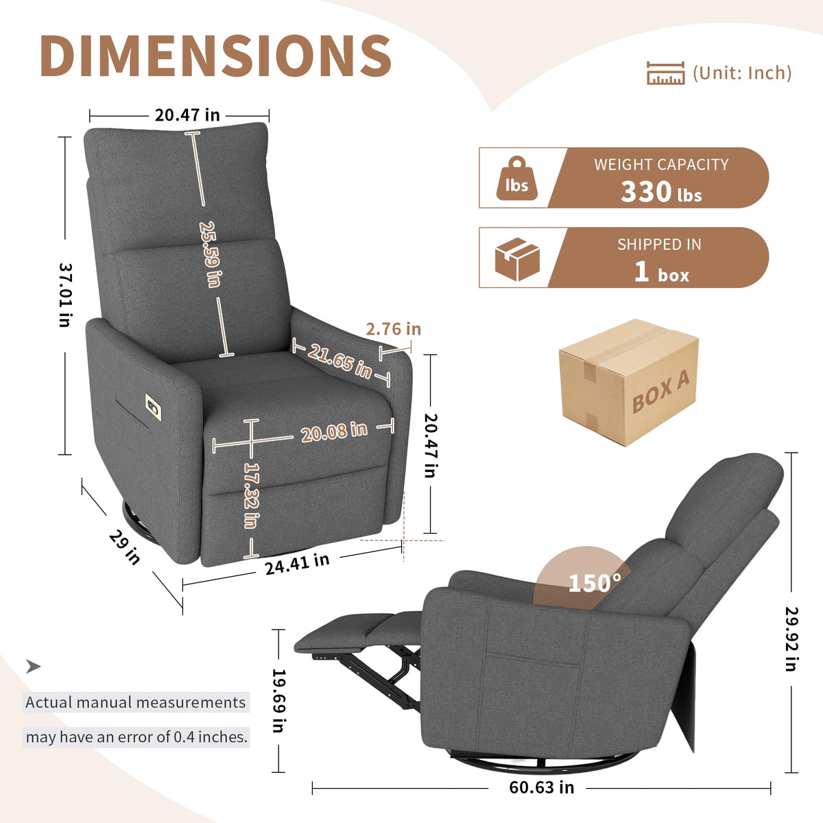 Dark Gray Velvet Swivel Recliner Chair M6294