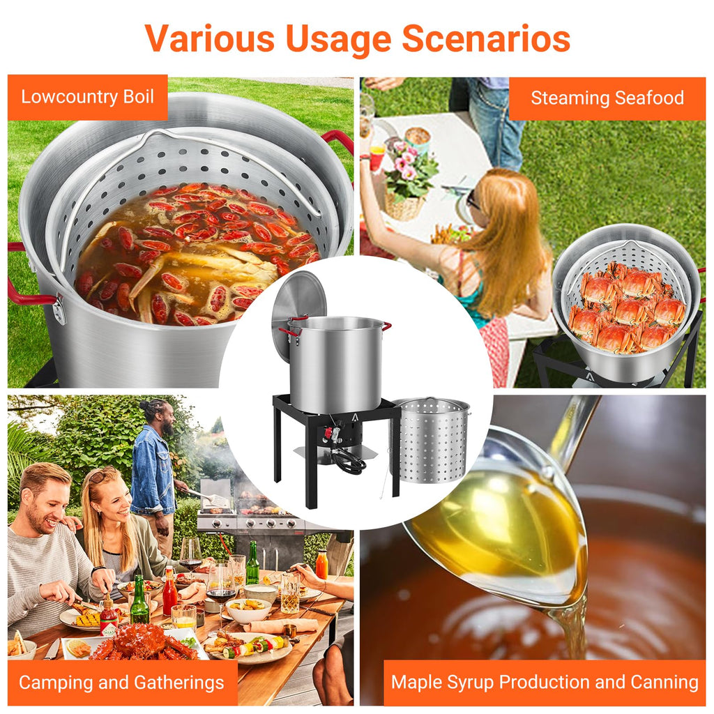 100Qt Aluminum Seafood Boil Pot with Strainer Basket and Propane Stove Burner K5439