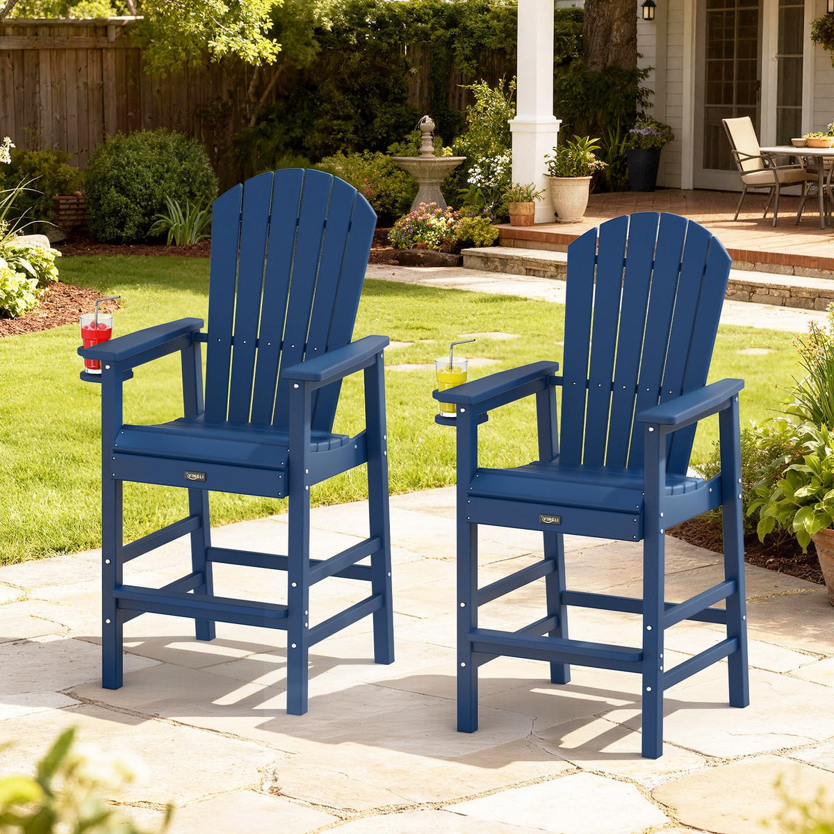 Tall Adirondack Chairs Set of 2, All-Weather Plastic with Cup Holders, Navy Blue A816