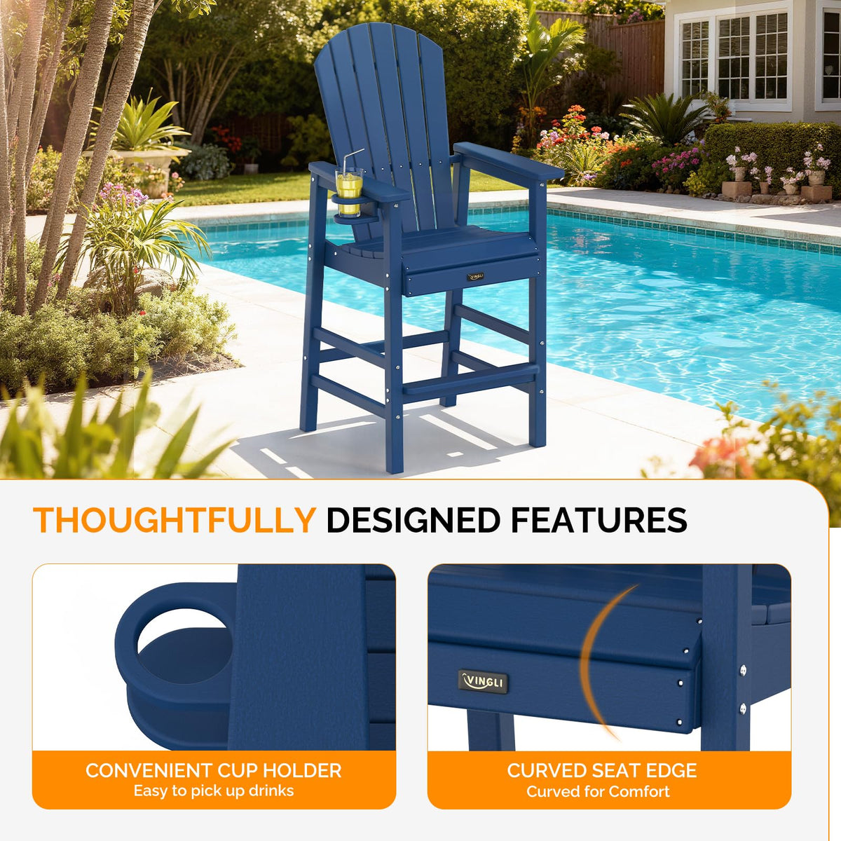 Tall Adirondack Chairs Set of 2, All-Weather Plastic with Cup Holders, Navy Blue A816