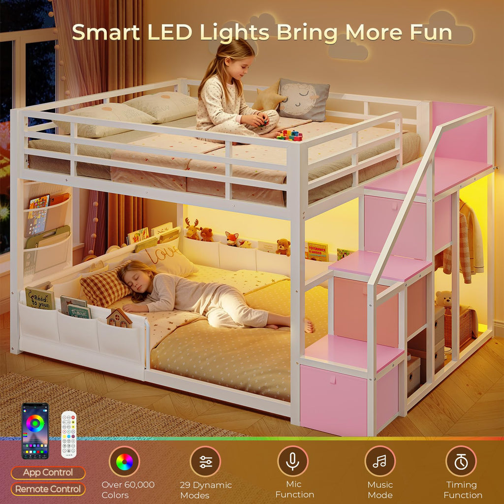 Full Over Full Bunk Bed with Storage Stairs and Drawers, White & Pink Q143464