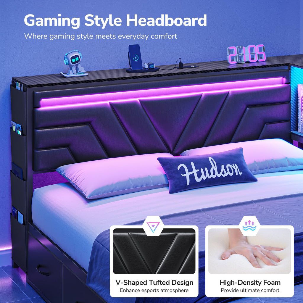 Corner Bed Frame with Storage Bookcase and 4 Drawers I717