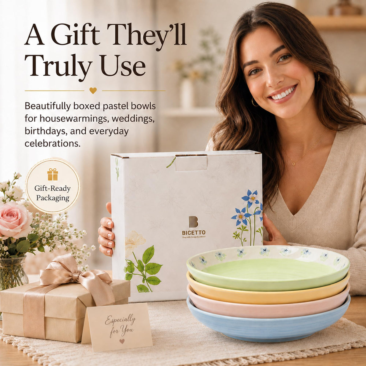 Hand-Painted Floral Ceramic Pasta Bowls Set of 4 M808516