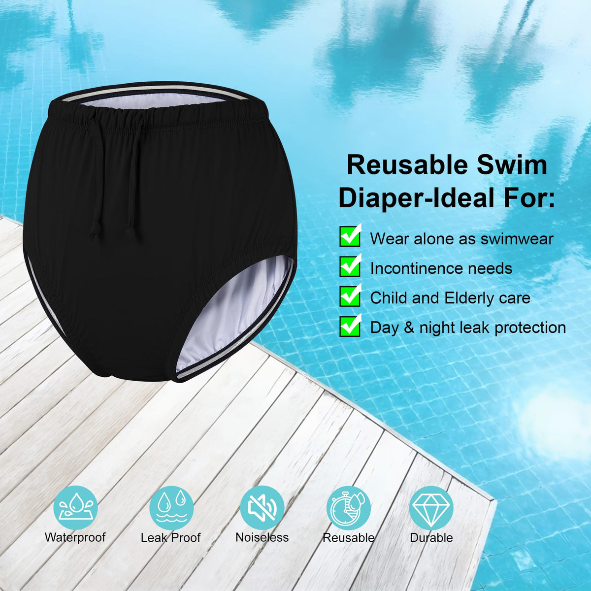 Reusable Waterproof Leakproof Swim Diaper Black 10-12Years X33851
