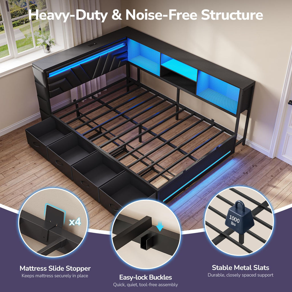 Corner Bed Frame with Storage Bookcase and 4 Drawers I717