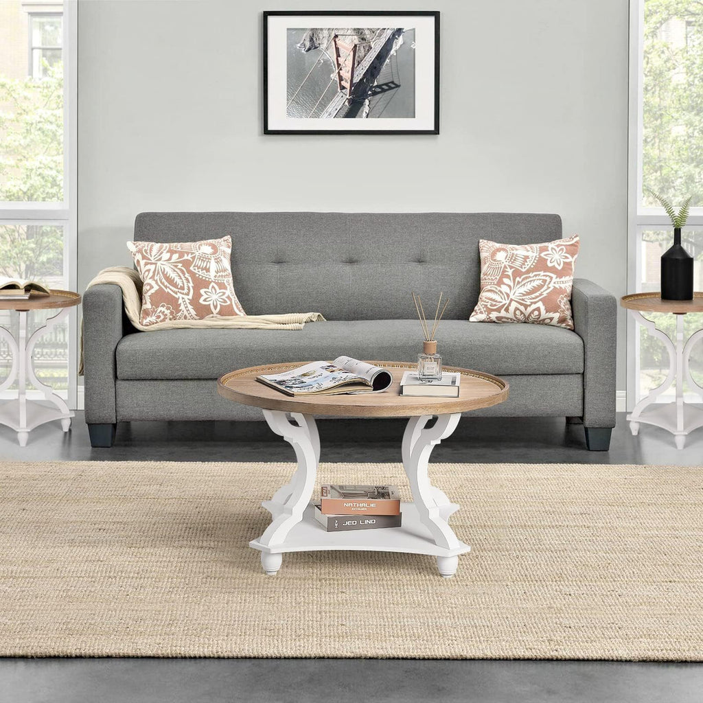 Farmhouse Round Coffee Table with Storage Shelf N3502