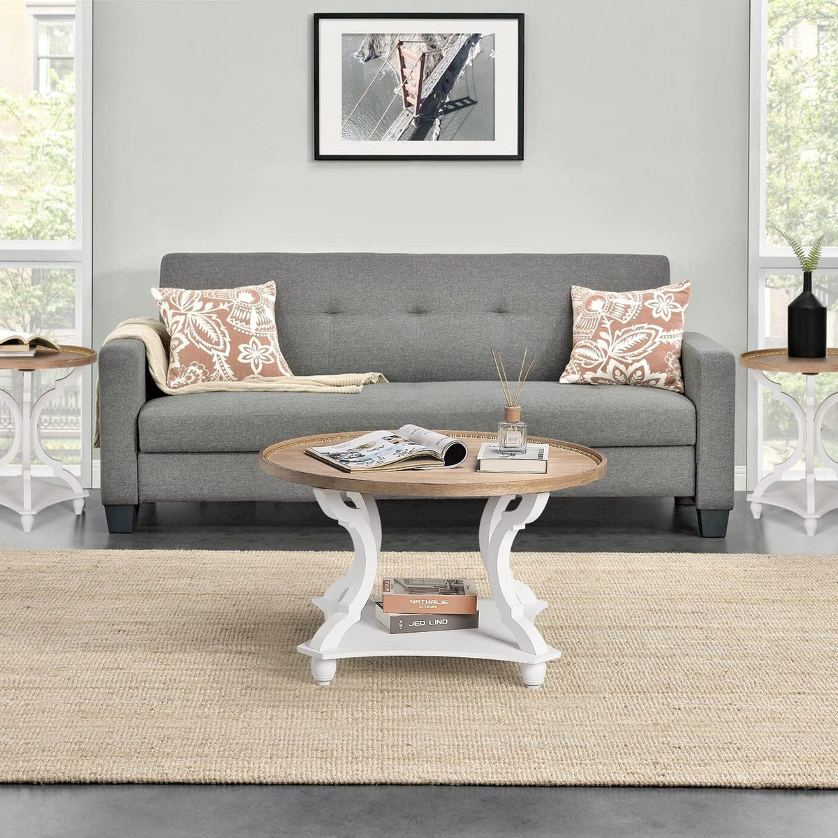 Farmhouse Round Coffee Table with Storage Shelf N3502