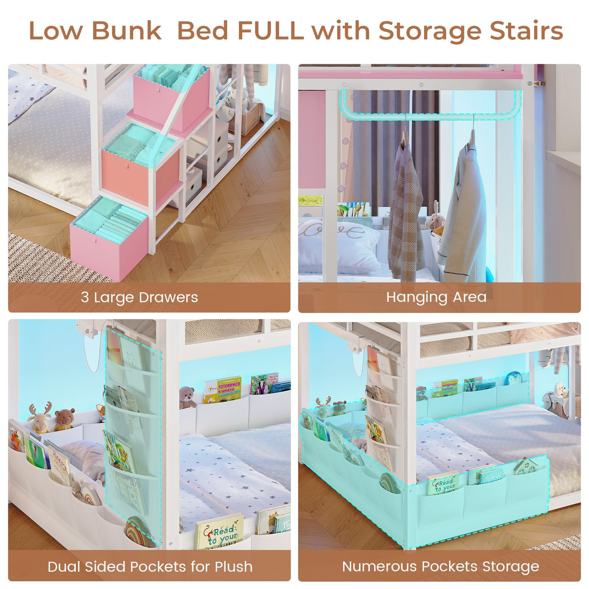 Full Over Full Bunk Bed with Storage Stairs and Drawers, White & Pink Q143464