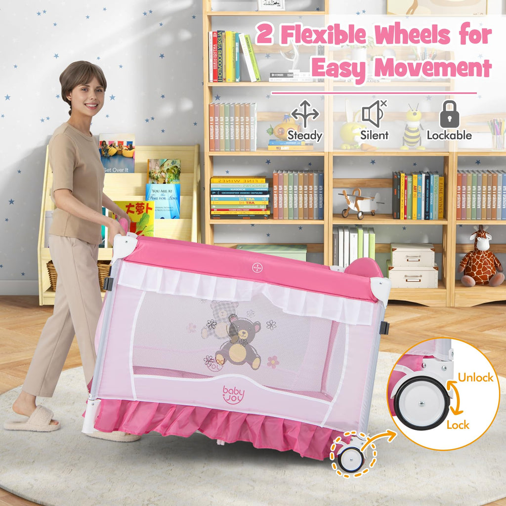 4 in 1 Pack and Play with Canopy, Portable Playard with Bassinet B448
