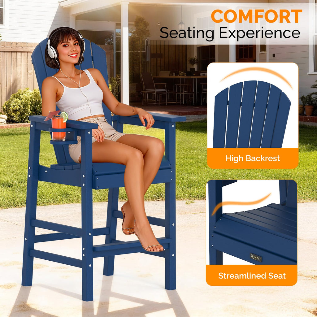 Tall Adirondack Chairs Set of 2, All-Weather Plastic with Cup Holders, Navy Blue A816