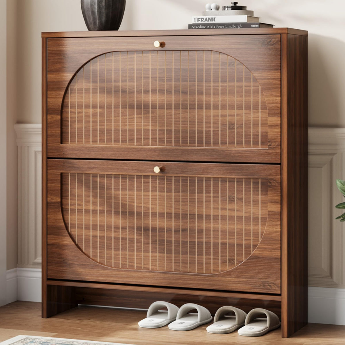 Luminous Walnut Shoe Storage Cabinet with Adjustable Shelves W6689