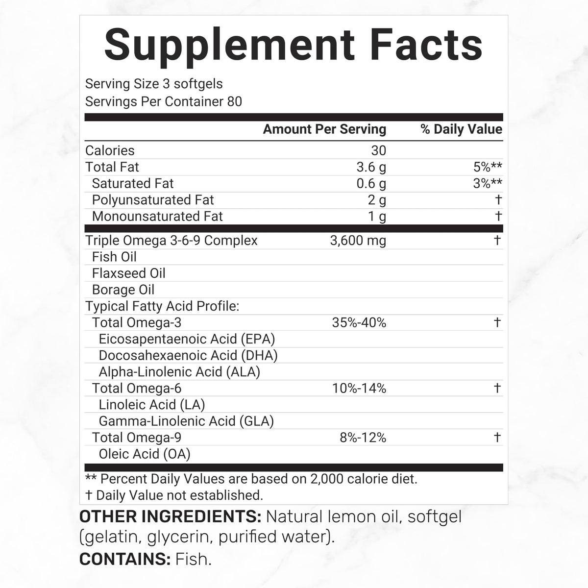 Omega 3-6-9 Fish Oil 3,600mg 240 Softgels Lemon Flavored G319