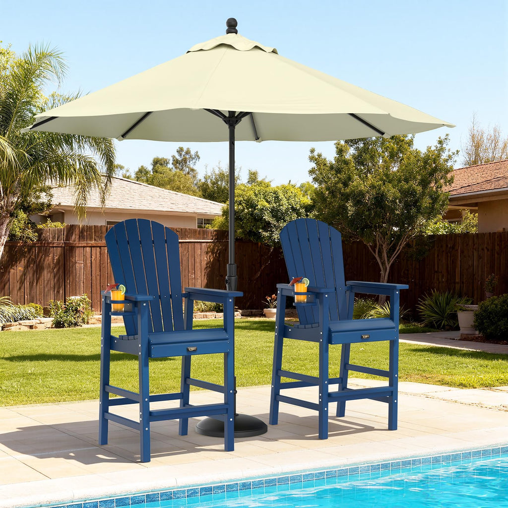 Tall Adirondack Chairs Set of 2, All-Weather Plastic with Cup Holders, Navy Blue A816