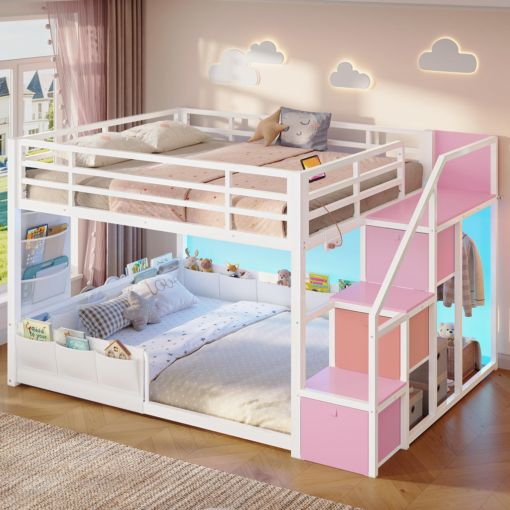 Full Over Full Bunk Bed with Storage Stairs and Drawers, White & Pink Q143464
