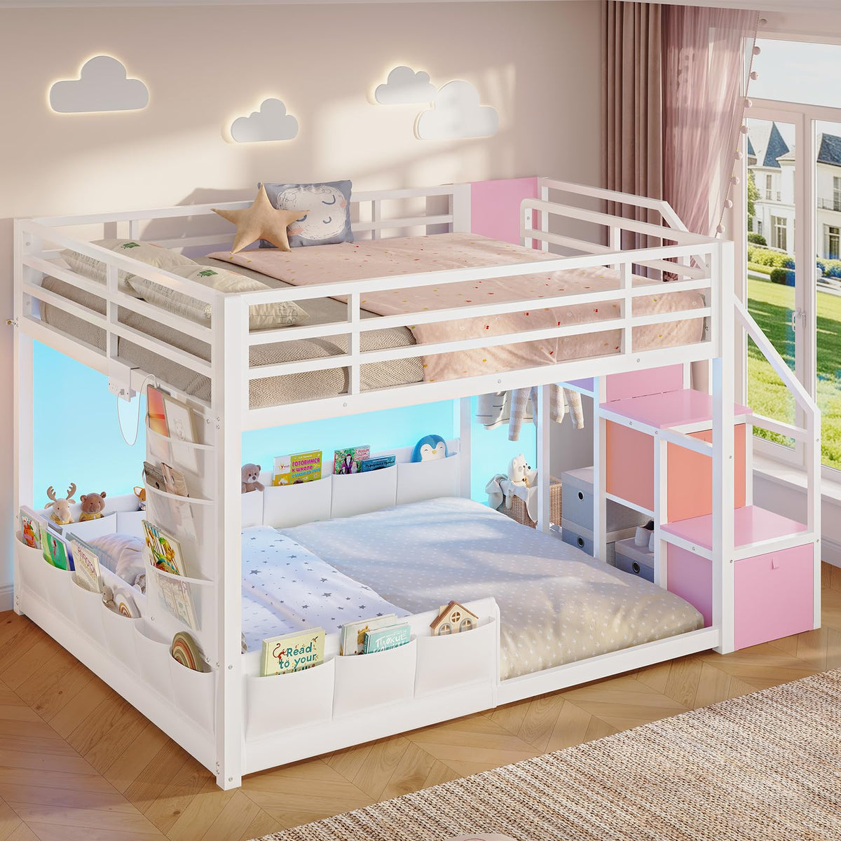 Full Over Full Bunk Bed with Storage Stairs and Drawers, White & Pink Q143464