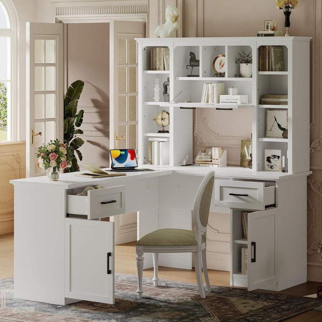 White L-Shaped Computer Desk with Hutch and Storage M37238