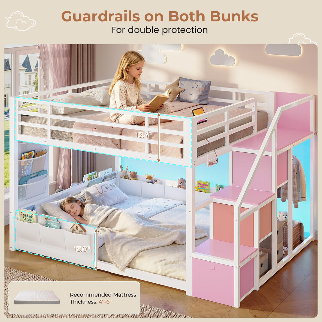 Full Over Full Bunk Bed with Storage Stairs and Drawers, White & Pink Q143464