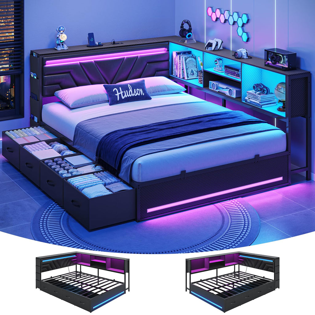 Corner Bed Frame with Storage Bookcase and 4 Drawers I717