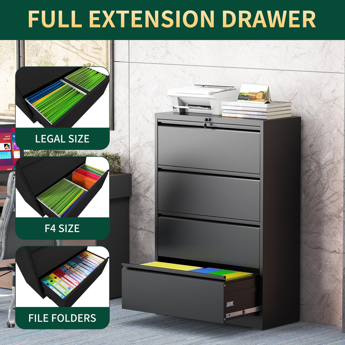 Black 4 Drawer Metal File Cabinet with Lock R52590