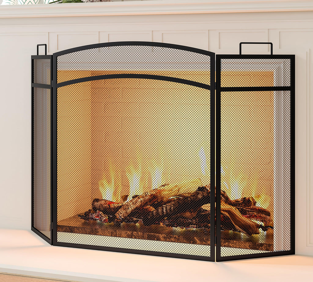 Black Foldable Wrought Metal Mesh Fireplace Screen I5261