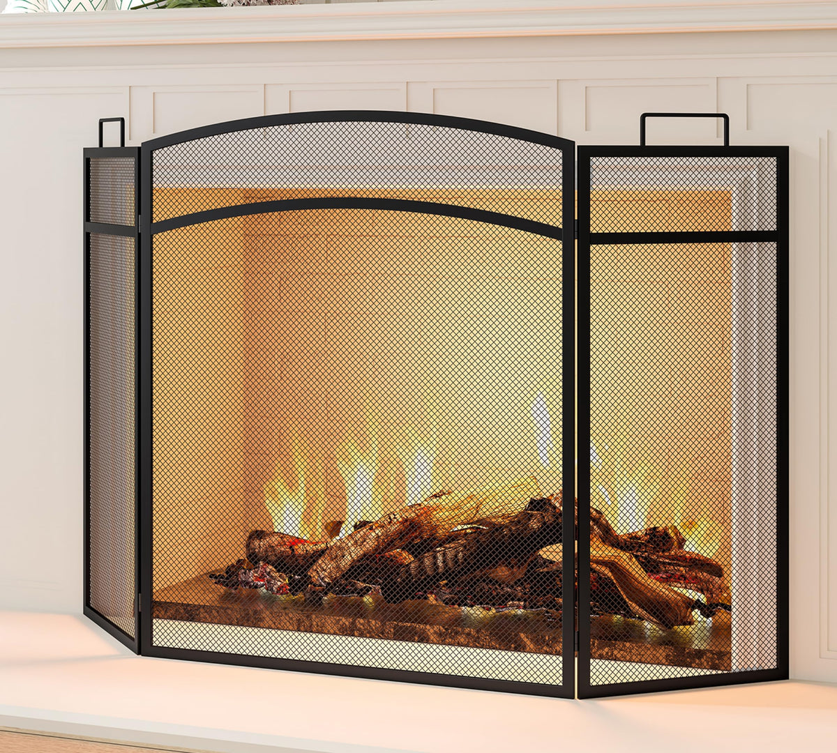 Black Foldable Wrought Metal Mesh Fireplace Screen I5261