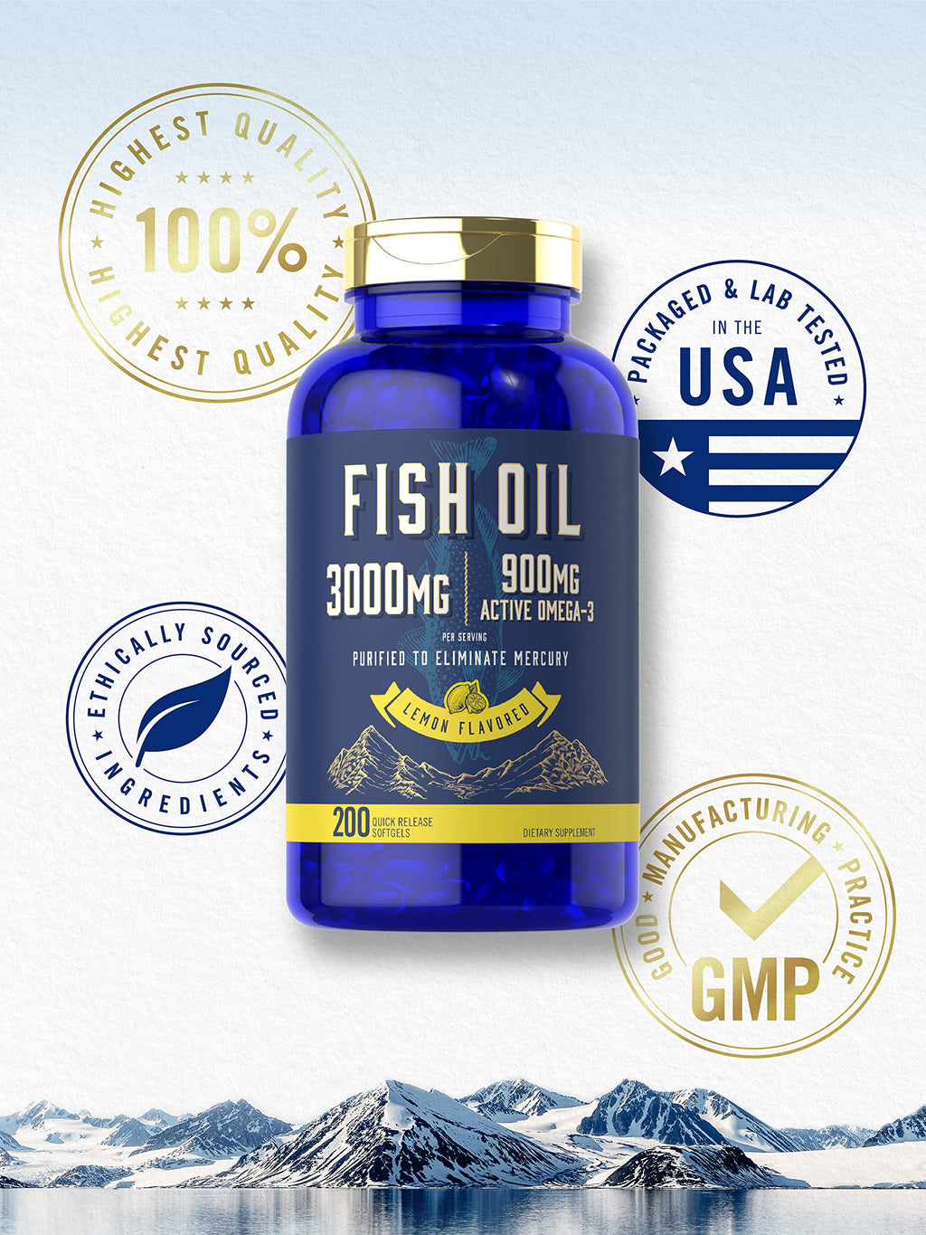 Fish Oil 3000mg 900mg Omega 3 200 Softgels Lemon Flavor I589404