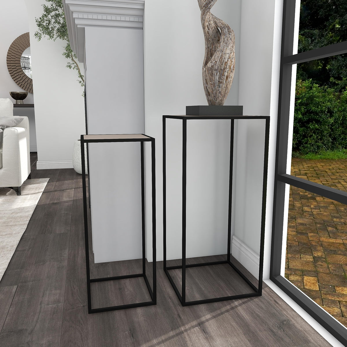 Black Metal End Table with Brown Wood Tops, Set of 2 D283887