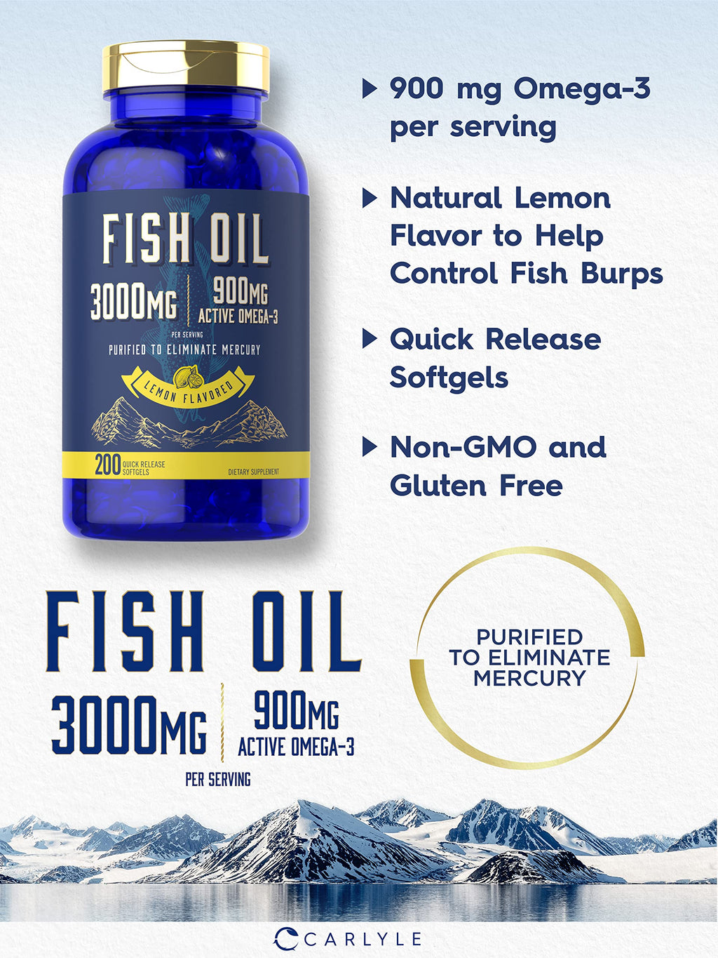 Fish Oil 3000mg 900mg Omega 3 200 Softgels Lemon Flavor I589404