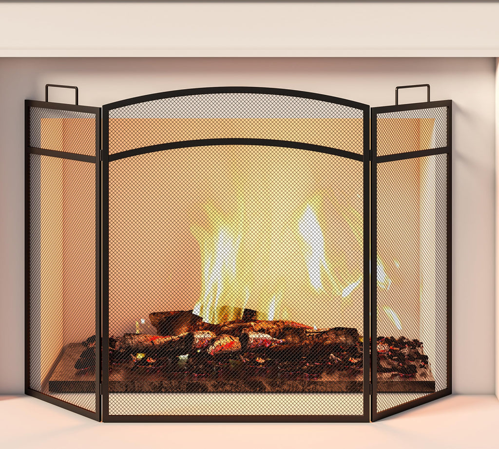 Black Foldable Wrought Metal Mesh Fireplace Screen I5261