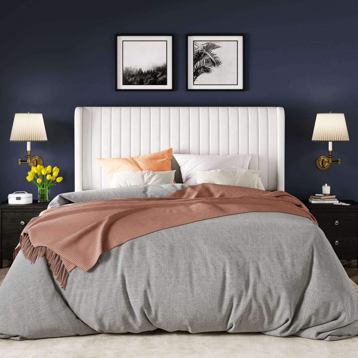 Queen Size White Velvet Upholstered Platform Bed U544558