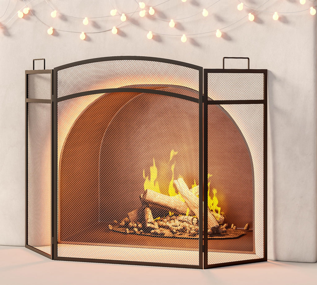 Black Foldable Wrought Metal Mesh Fireplace Screen I5261