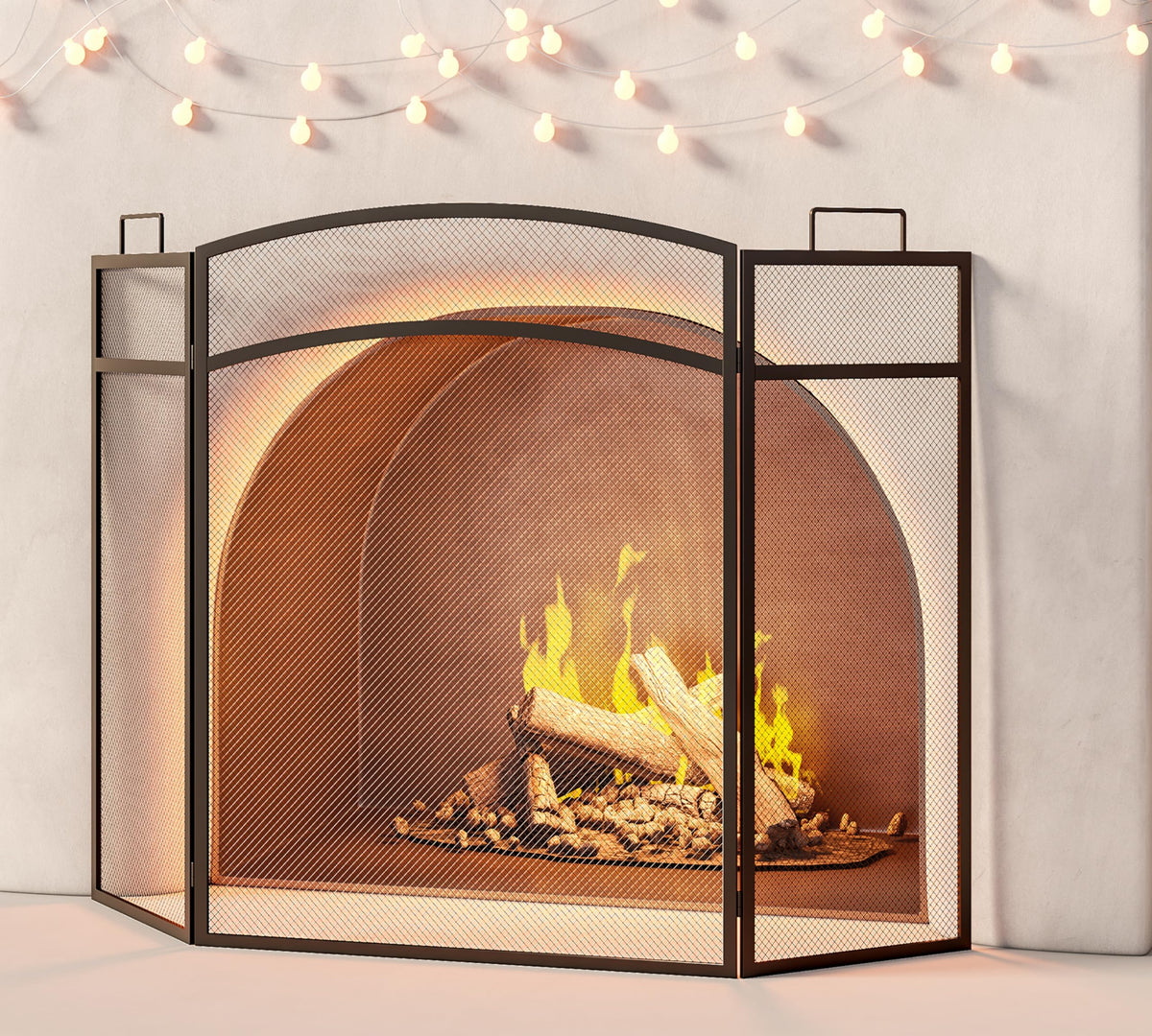Black Foldable Wrought Metal Mesh Fireplace Screen I5261