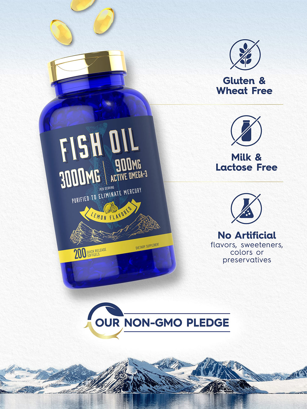 Fish Oil 3000mg 900mg Omega 3 200 Softgels Lemon Flavor I589404