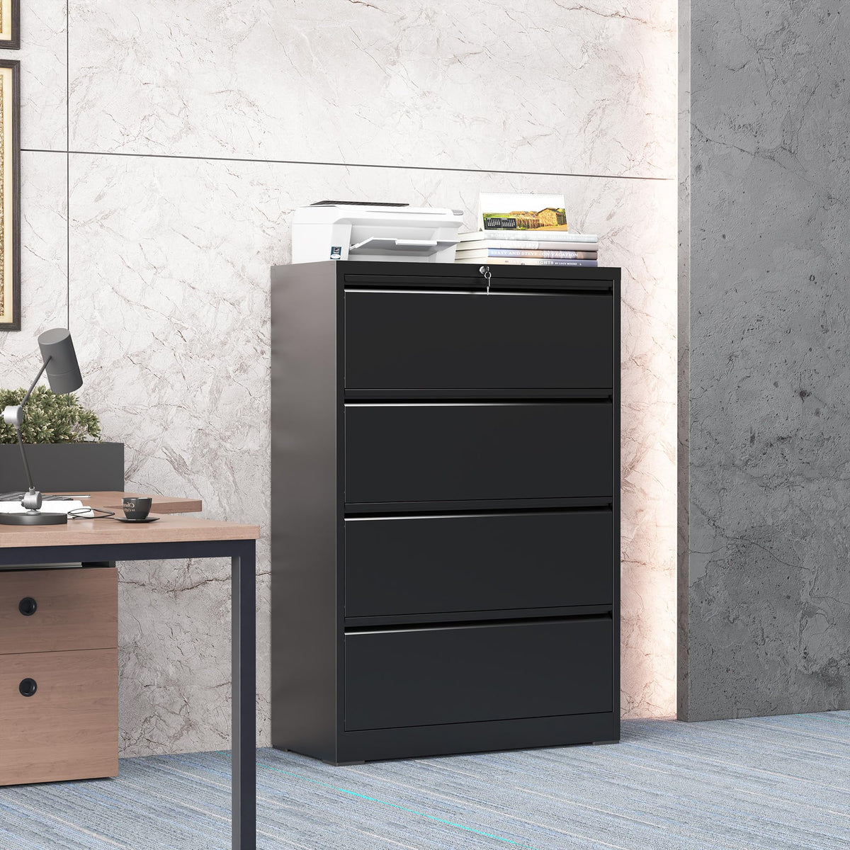 Black 4 Drawer Metal File Cabinet with Lock R52590