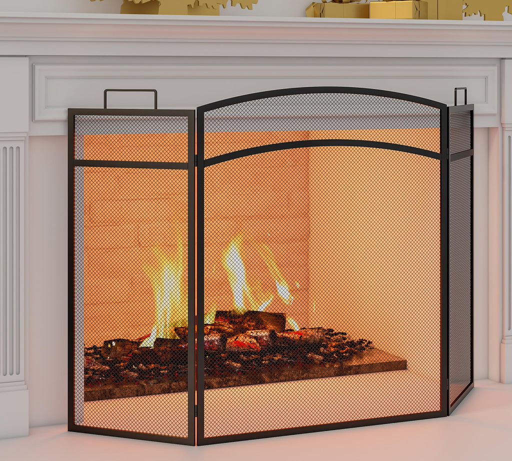 Black Foldable Wrought Metal Mesh Fireplace Screen I5261