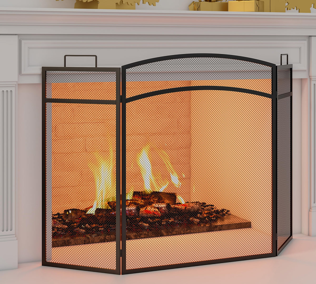 Black Foldable Wrought Metal Mesh Fireplace Screen I5261
