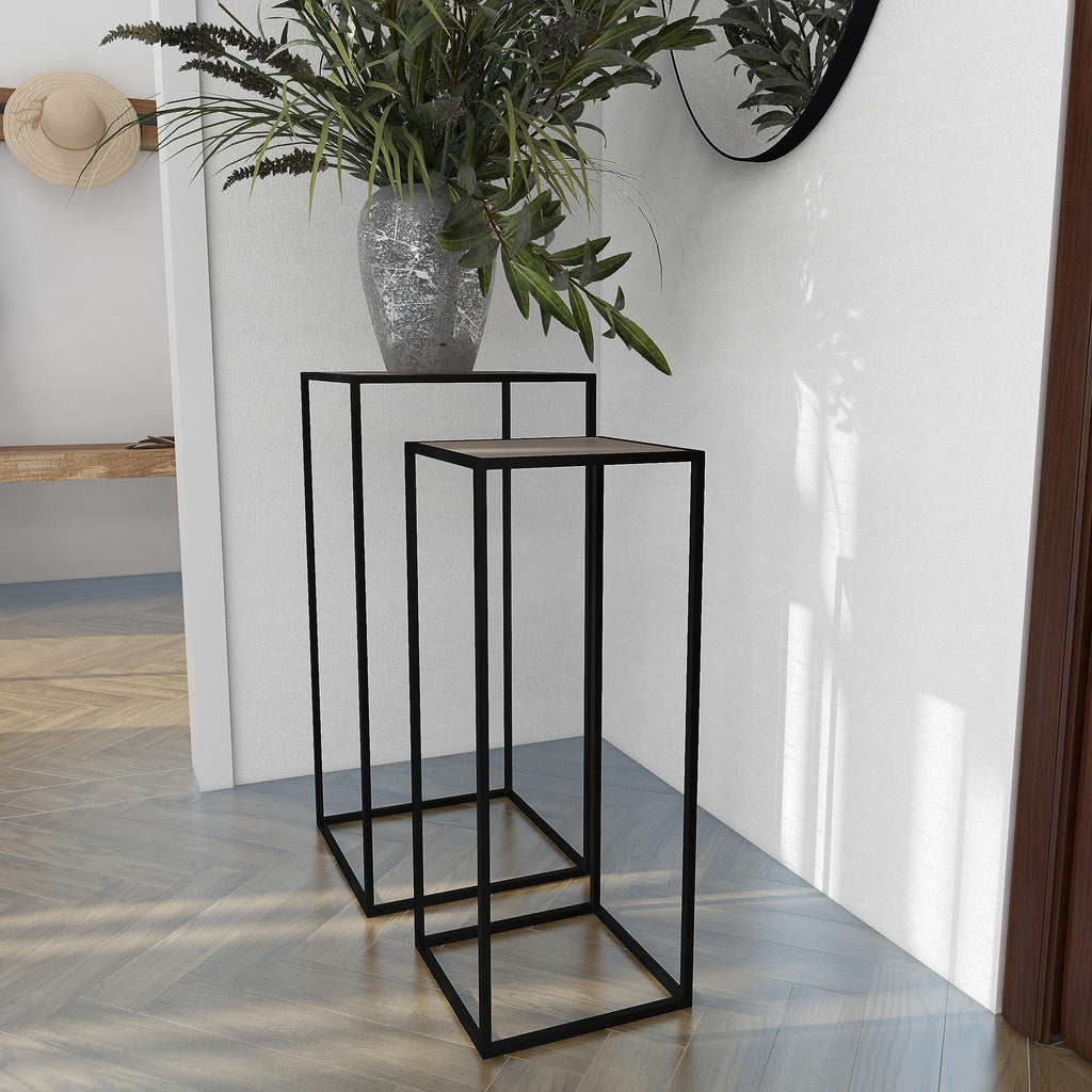 Black Metal End Table with Brown Wood Tops, Set of 2 D283887