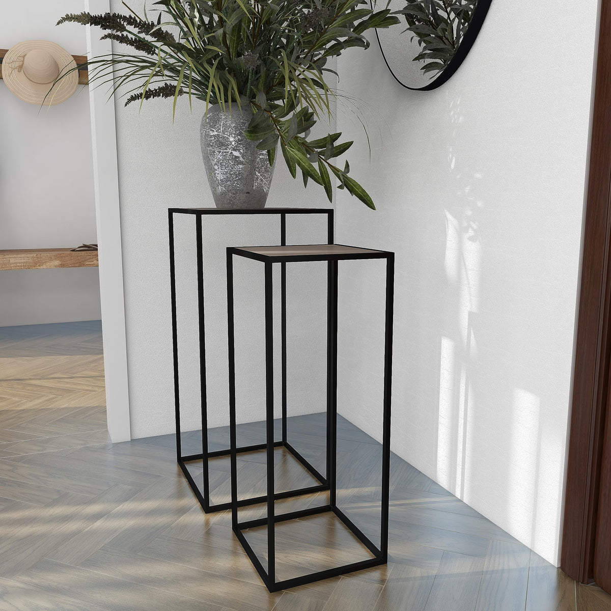 Black Metal End Table with Brown Wood Tops, Set of 2 D283887